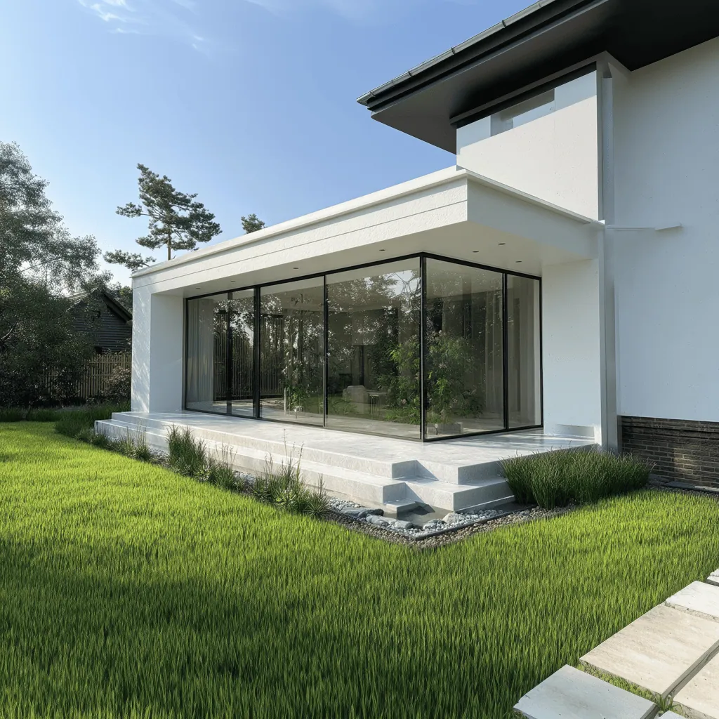 Moderné rohové zasklenie terasy s veľkoformátovými sklami a bielou fasádou od spoločnosti Reymont, elegantné riešenie pre moderný dom.