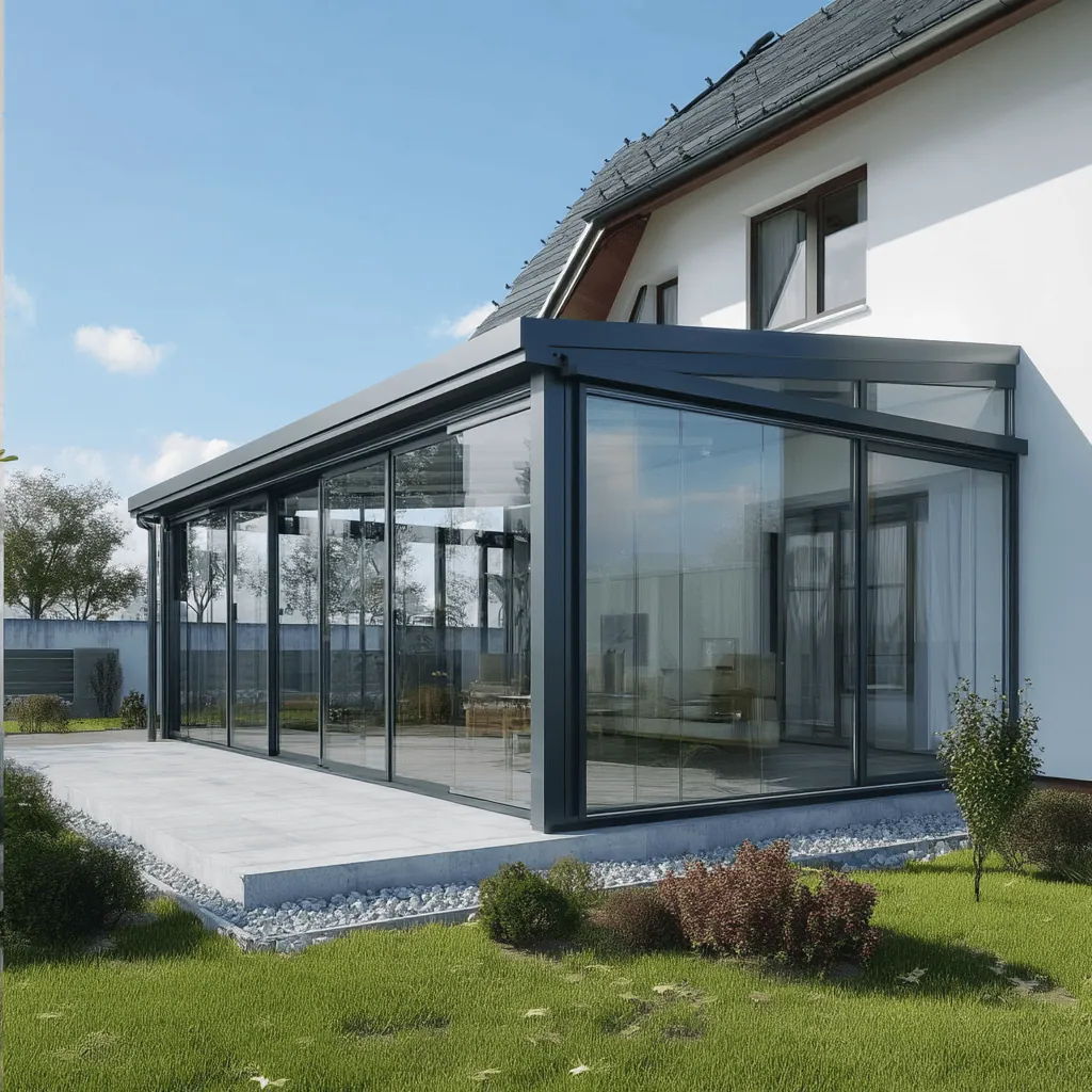 Zasklená terasa s antracitovou hliníkovou konštrukciou a veľkými presklenými stenami, moderný dizajn Reymont.
