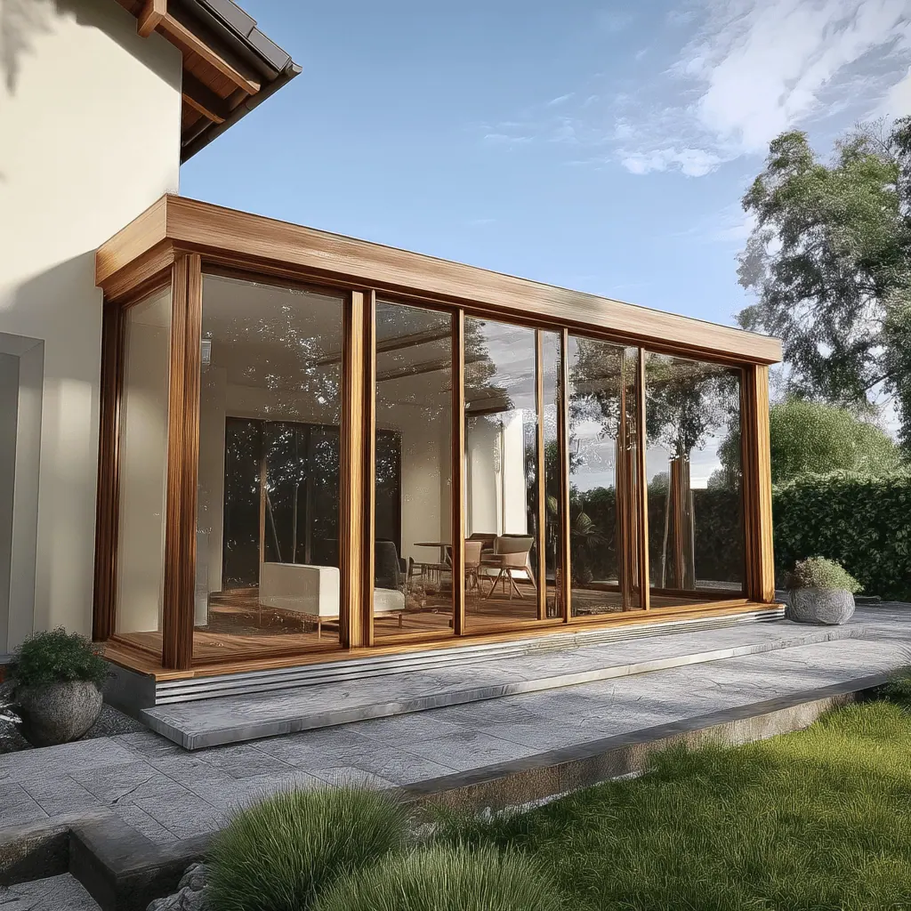 Zasklená terasa s drevohliníkovou konštrukciou a veľkými sklenenými posuvnými dverami, moderné riešenie Reymont pre celoročné využitie.