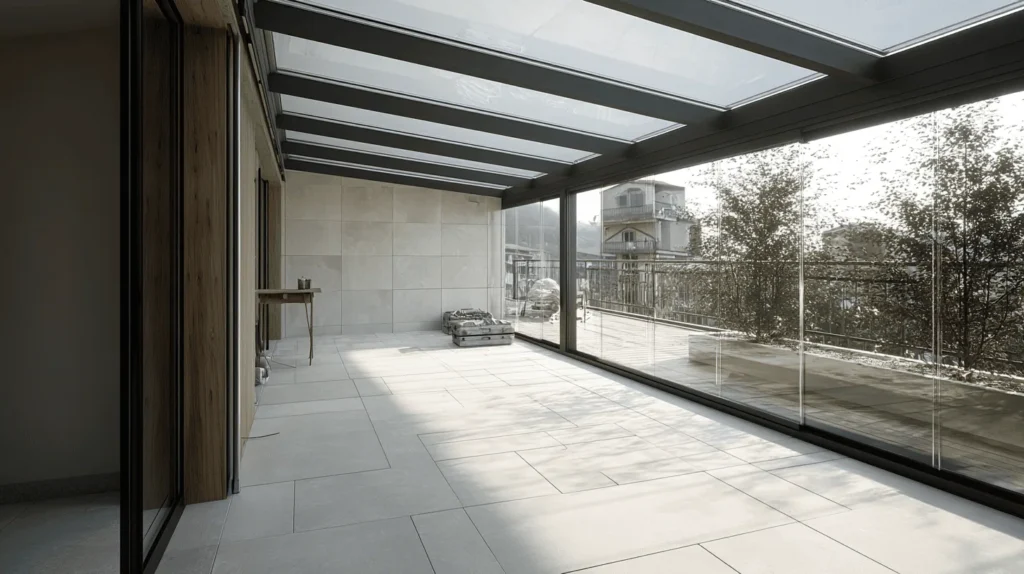 Zasklená terasa s hliníkovou konštrukciou a celopresklenými stenami, moderný dizajn Reymont