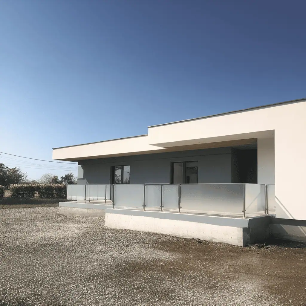 Mliečne sklenené zábradlie na modernej terase rodinného domu – Reymont