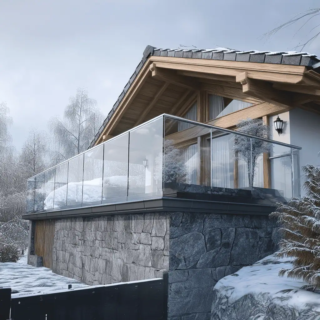 Moderné sklenené zábradlie okolo terasy horskej chaty v zime – Reymont