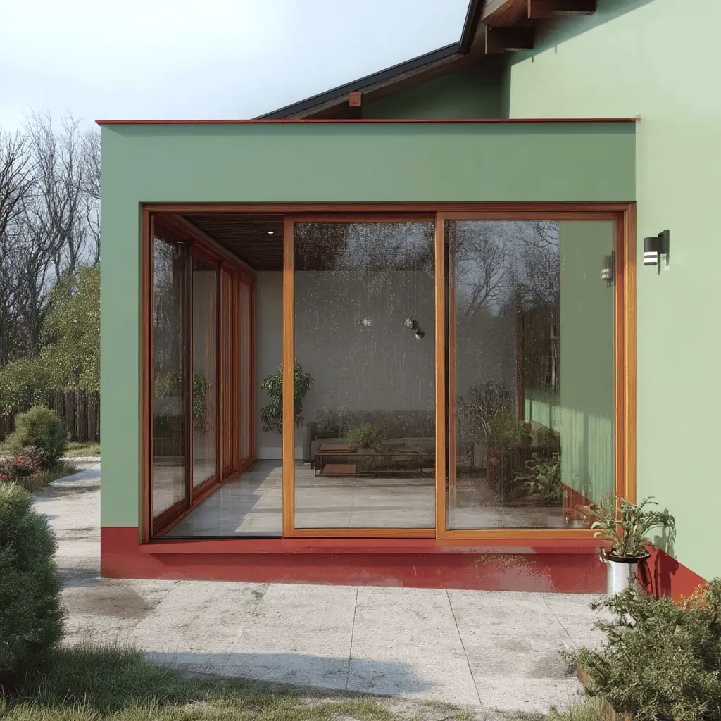Zasklenie terasy s dreveným rámom a posuvnými sklenenými dverami od spoločnosti Reymont, elegantné riešenie pre rodinný dom so zelenou fasádou.