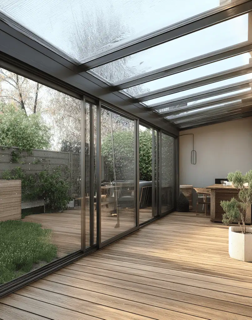 Moderné zasklenie terasy s hliníkovou konštrukciou a drevenou podlahou od spoločnosti Reymont, elegantné riešenie pre celoročné využitie.