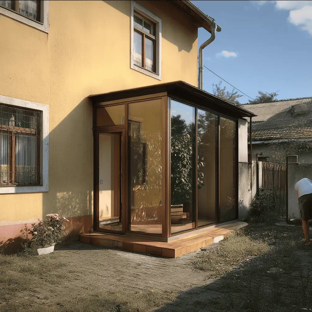 Zasklenie terasy s hnedým rámom pri rodinnom dome so žltou fasádou od spoločnosti Reymont, elegantné a funkčné riešenie pre moderné bývanie.